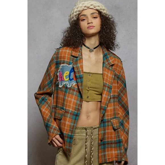 POL Orange Plaid Blazer | Brushed Flannel Patchwork Jacket - Picture 4 of 4